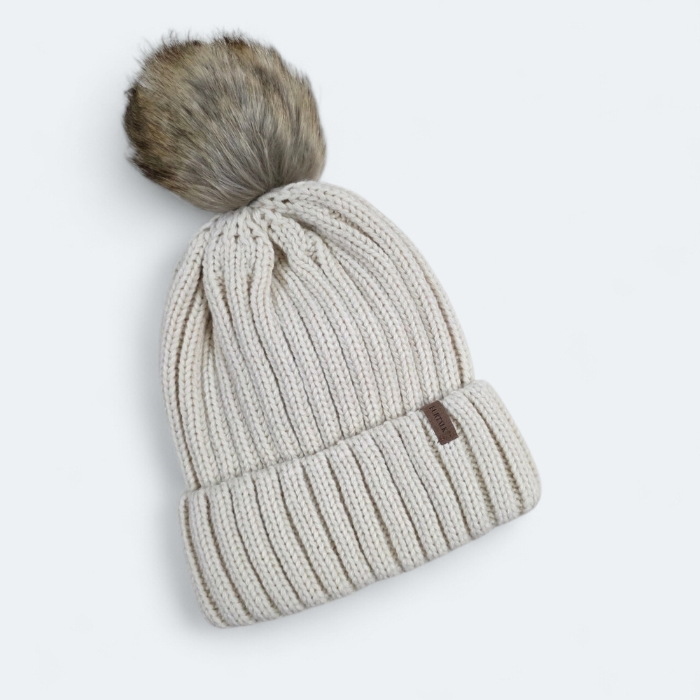 NEW Furtalk Cozy Cream Knit With Fur Pom-Pom Beanie Women's Winter Hat